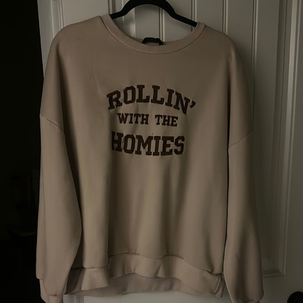 Cream Sweatshirt with Brown Text